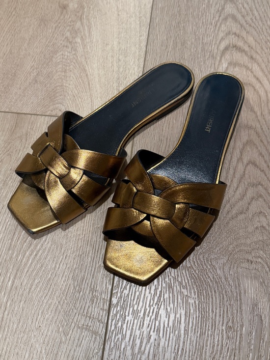 Saint Laurent Shoes - YSL Saint Laurent Women’s Metallic Bronze Slide Sandals - Braided Upper 7.5/38